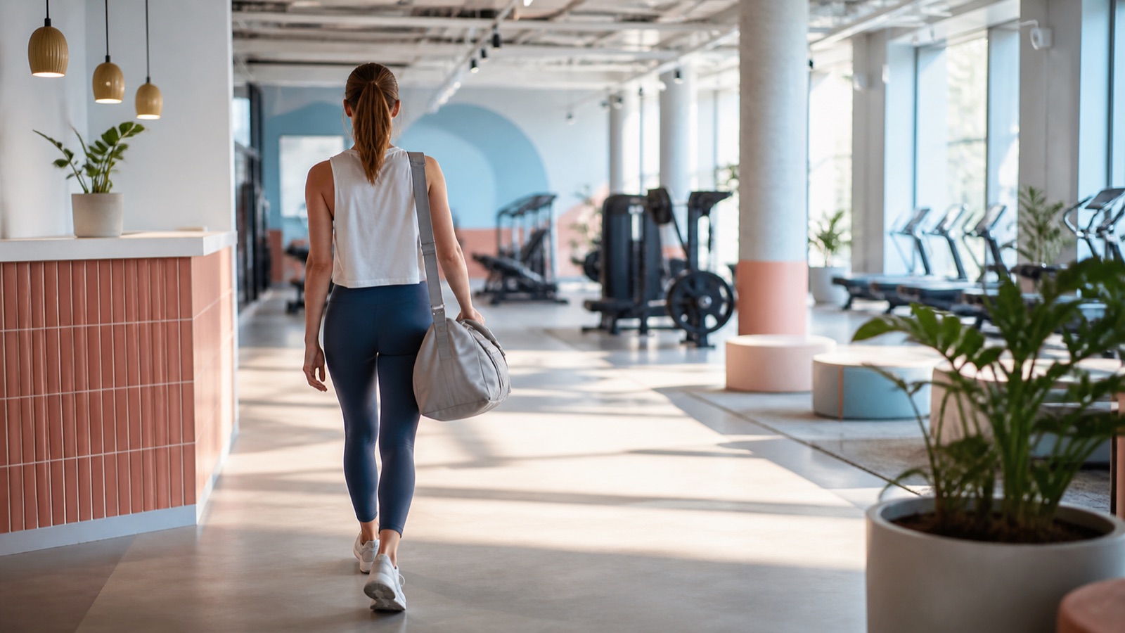 Markenfreies Symbolbild einer Person beim Betreten eines Fitnessstudios