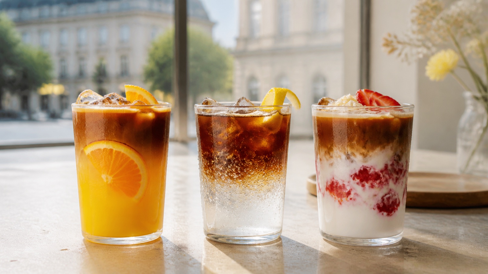Drei sommerliche Eiskaffees in Orange, Espresso-Tonic und Erdbeer-Kokos