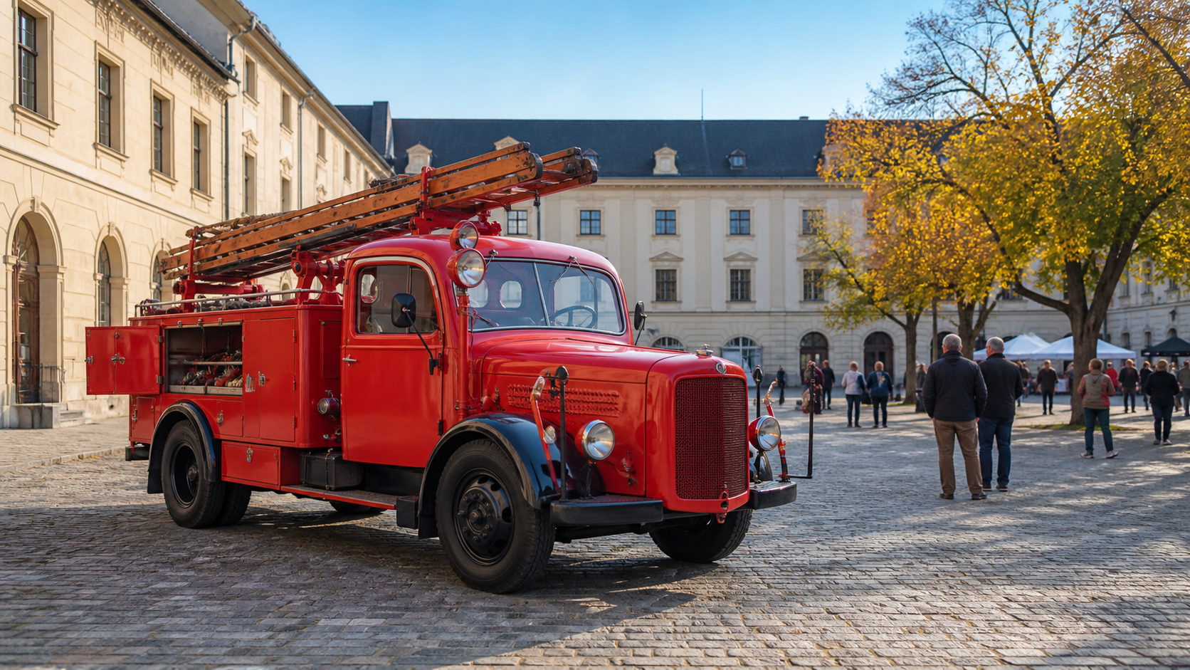 Markenfreies Symbolbild eines roten historischen Löschfahrzeugs in einem Wiener Innenhof